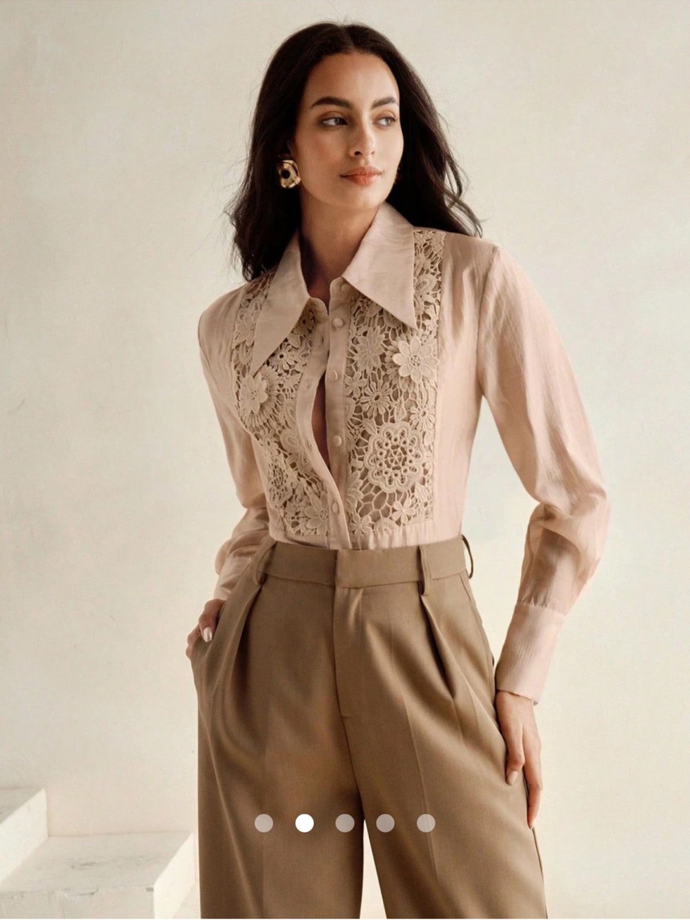 ANEWSTA Crochet Lace-Panel Button Down Shirt - Blush Pink. 6. NWT. - Picture 4 of 11